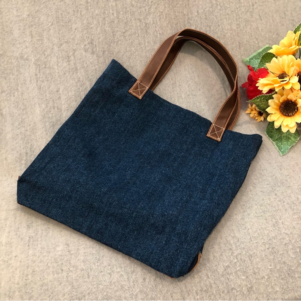 NWOT - Open Top Denim Tote Bag with Brown Vegan Leather Handles